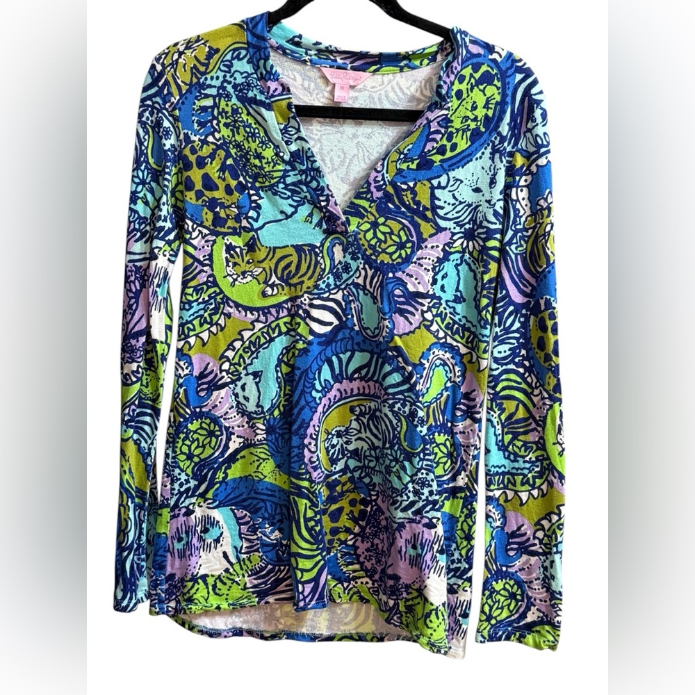 Lilly Pulitzer Vibrant Printed Long Sleeve Top Sz‎ XS Vibrant Pattern Coastal